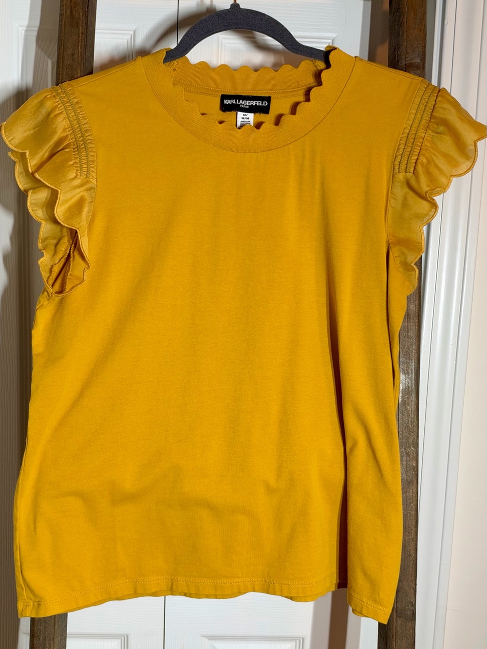 Karl Lagerfeld Paris Gold Fusion Ruffle Sleeve Top Size Medium